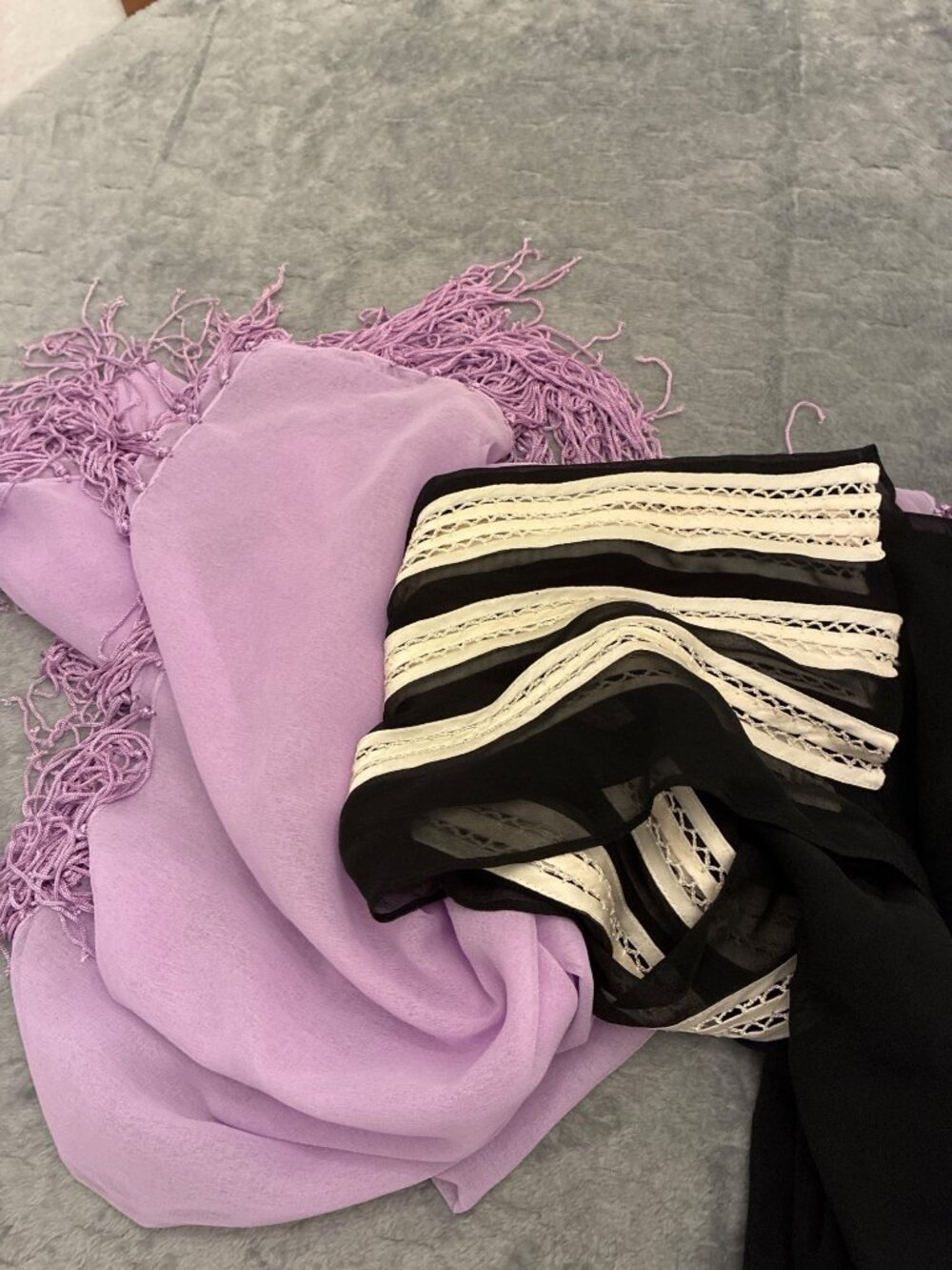 2 Sheer Summer Wraps Shawls Scarf Lot Purple Fringe Black Stole Lightweight